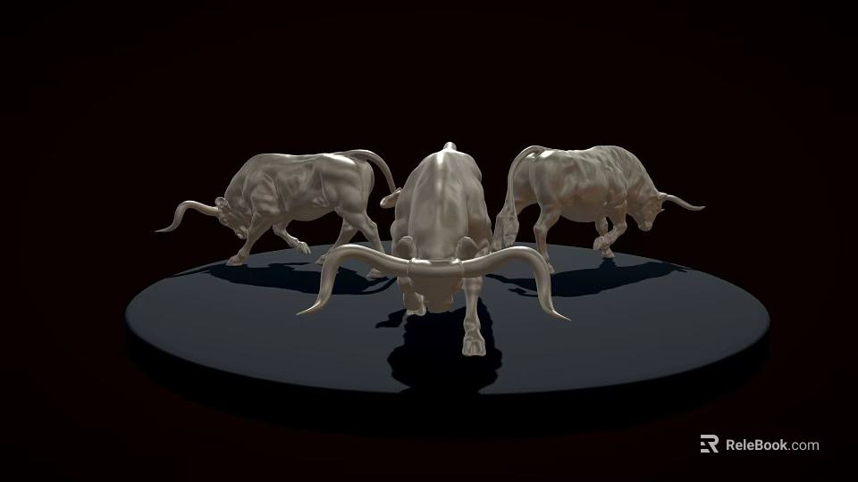 Three Silver Bull Sculptures On Black Circular Platform With Dark Background 3d model 
