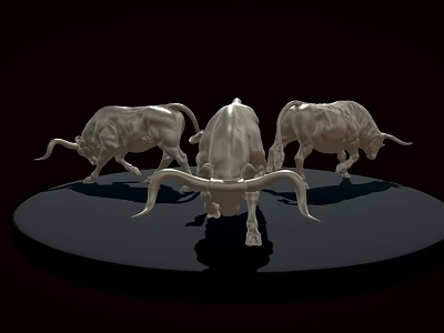 Three Silver Bull Sculptures On Black Circular Platform With Dark Background 3d model