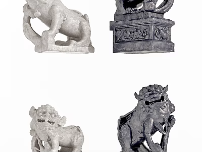 Traditional Stone Lion Sculptures with Intricate Carving Details and Classic Design 3d model