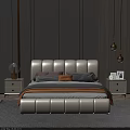 White Leather Upholstered Double Bed with Headboard Nightstand Lamp Curtains Pendant Lights and Gray Rug