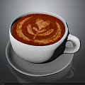 Red Latte With Leaf Shaped Foam Design In White Cup On White Saucer Dark Background