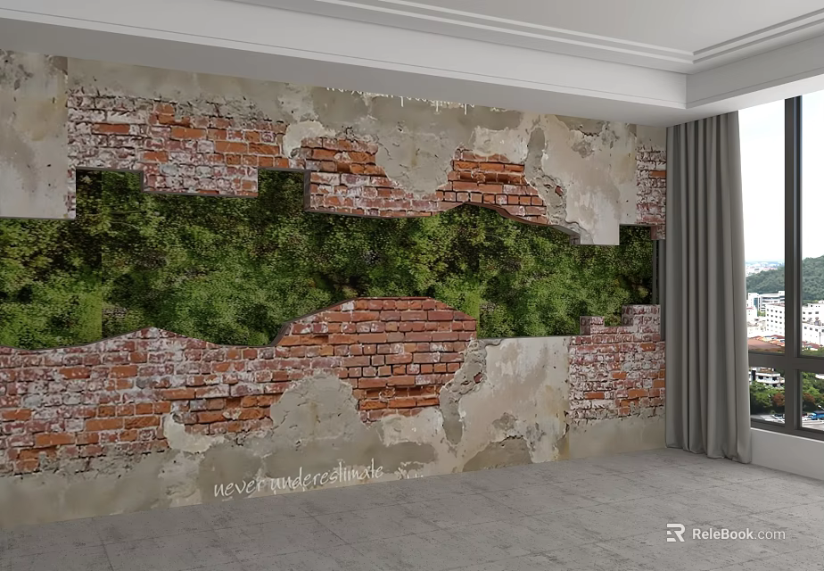 Brick Wall Backdrop with Peeling Paint Exposed Red Bricks and Lush Green Plants 3d model 