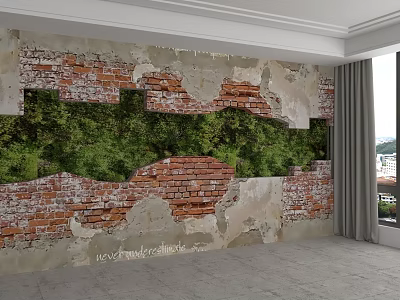 Brick Wall Backdrop with Peeling Paint Exposed Red Bricks and Lush Green Plants 3d model