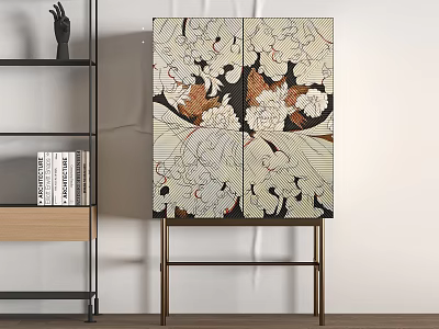 Elegant Decorative Cabinet With Floral Pattern Double Door And Metal Frame For Home Interior 3d model