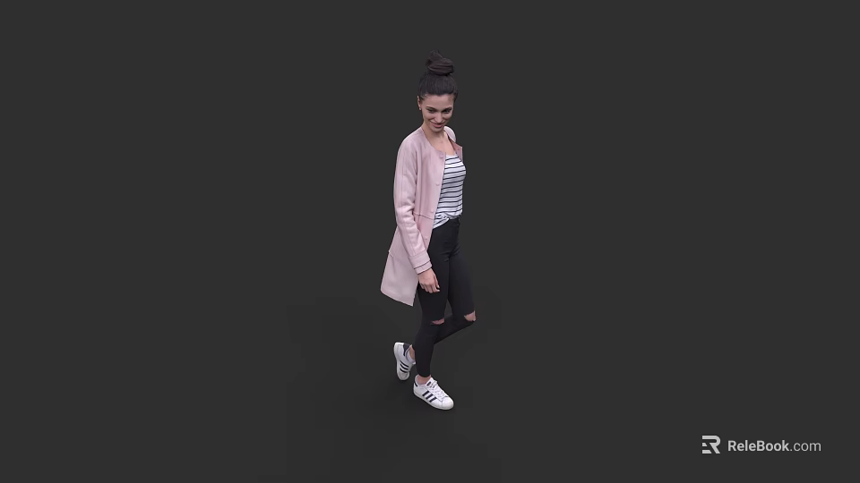 A woman with pink cardigan striped top black ripped jeans white sneakers against dark background 3d model 