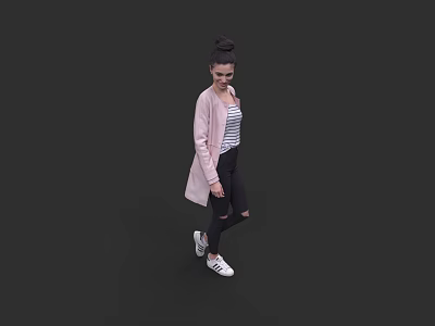 A woman with pink cardigan striped top black ripped jeans white sneakers against dark background 3d model