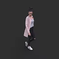 A woman with pink cardigan striped top black ripped jeans white sneakers against dark background