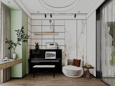 Modern Piano Room Interior With Black Piano And Sofa 3d model