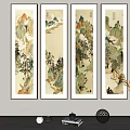 Four Traditional Chinese Landscape Scroll Paintings with Mountain Water Plants Framed Hanging on Wall
