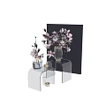 Decorative Transparent Vases With Purple Magnolia Flowers On Acrylic Shelf Against Dark Background