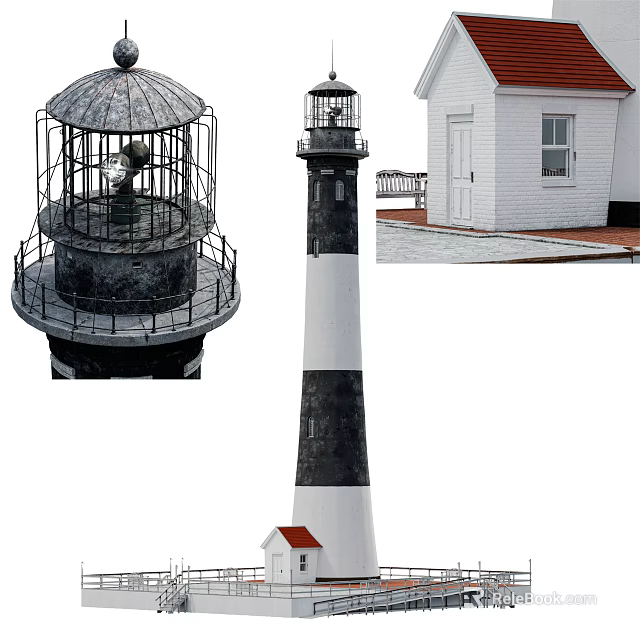 Lighthouse Structure Featuring Lantern Room Tower and Small White Cottage Red Roof 3d model 