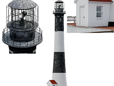 Lighthouse Structure Featuring Lantern Room Tower and Small White Cottage Red Roof 3d model