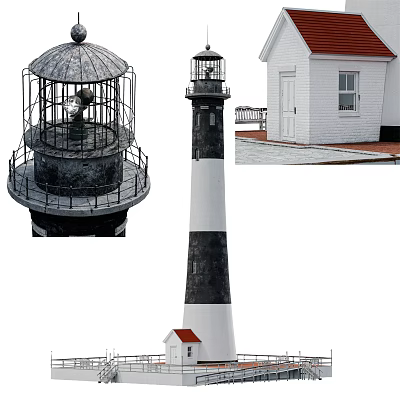 Lighthouse Structure Featuring Lantern Room Tower and Small White Cottage Red Roof 3d model