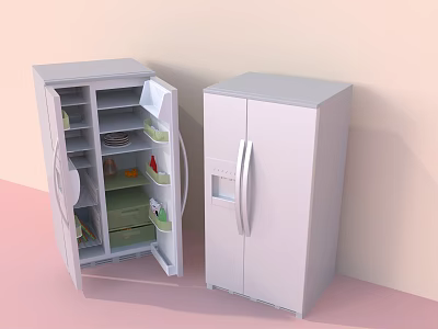 Modern Double Door Refrigerator and Open Freezer with Shelves and Storage Compartments 3d model