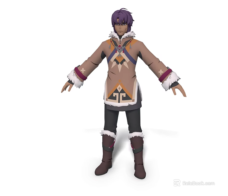 Man with purple hair wearing brown coat and black pants with white fur trim 3d model 