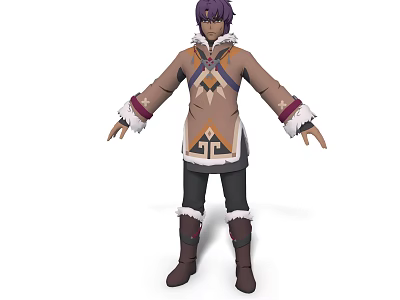 Man with purple hair wearing brown coat and black pants with white fur trim 3d model