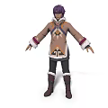 Man with purple hair wearing brown coat and black pants with white fur trim