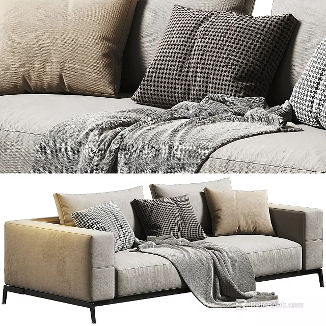 Cozy Two Seater Sofa with Plaid and Solid Pillows Soft Knit Blanket Neutral Linen Upholstery 3d model 