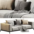 Cozy Two Seater Sofa with Plaid and Solid Pillows Soft Knit Blanket Neutral Linen Upholstery