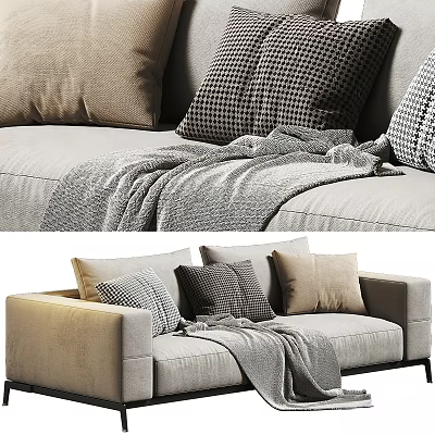 Cozy Two Seater Sofa with Plaid and Solid Pillows Soft Knit Blanket Neutral Linen Upholstery 3d model