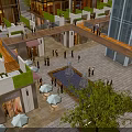 Modern Commercial Street Shopping Area With Glass Buildings Pedestrians And Fountain Plaza