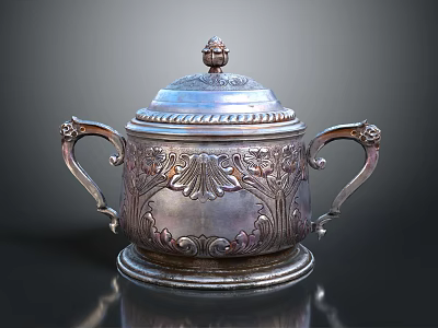 Vintage Silver Lidded Electric Appliance With Decorative Handles And Ornate Patterns 3d model
