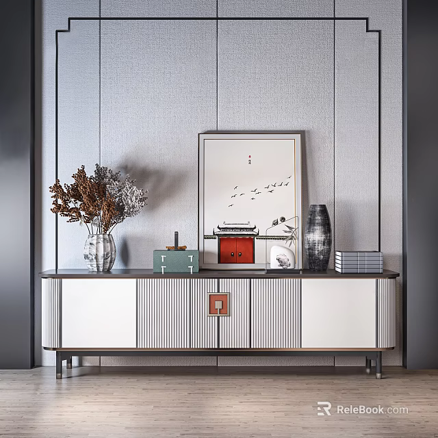 Modern TV Stand with Dried Flower Vase Green Red Boxes Black Vase Clock and Books 3d model 