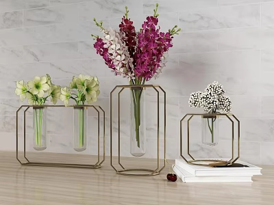 Metal Frame Square and Hexagonal Vases with Purple White Green Flowers in Home Interior Decor 3d model