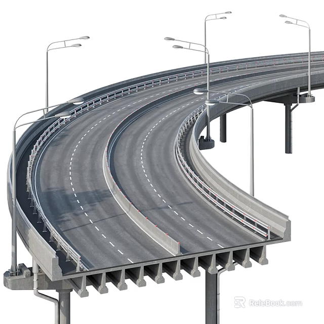 Curved Elevated Highway Structure With Guardrails Street Lamps And Concrete Piers 3d model 