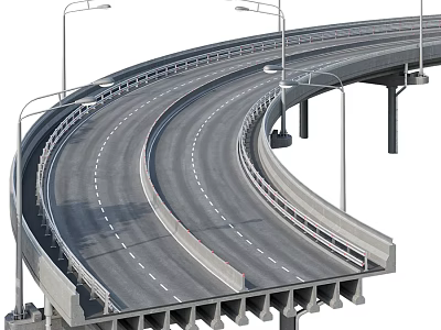 Curved Elevated Highway Structure With Guardrails Street Lamps And Concrete Piers 3d model