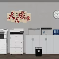 Office Appliances With Printers White Cabinets Blue Folders Wall Clock And Wall Decor