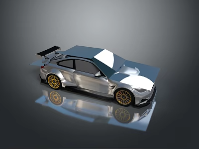 Sleek Silver Sports Car With Black Rear Spoiler And Gold Wheels Design 3d model