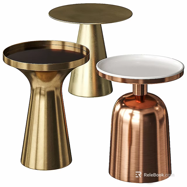 Modern Minimalist Side Tables With Gold Copper Metal Bases And Round Tops 3d model 