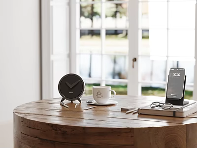 Home Interior With Wooden Round Table Coffee Cup Eyeglasses Smartphone And Window Green Plants 3d model
