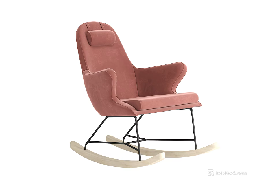 Comfortable Pink Rocking Leisure Chair with Velvet Upholstery Black Metal Frame and Wooden Rockers 3d model 