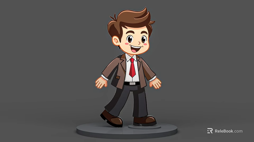 Cartoon Man in Brown Suit with Red Tie Standing on Gray Base 3d model 