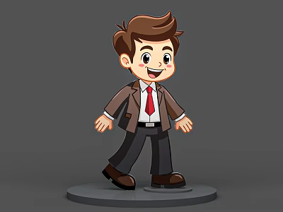 Cartoon Man in Brown Suit with Red Tie Standing on Gray Base 3d model