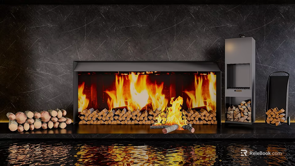 Garden Ornament Fireplace With Burning Flames Firewood Stack Metal Rack And Water Reflection 3d model 