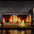 Garden Ornament Fireplace With Burning Flames Firewood Stack Metal Rack And Water Reflection