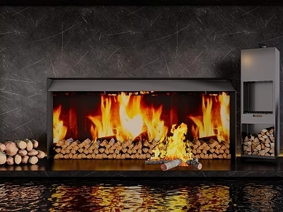 Garden Ornament Fireplace With Burning Flames Firewood Stack Metal Rack And Water Reflection 3d model