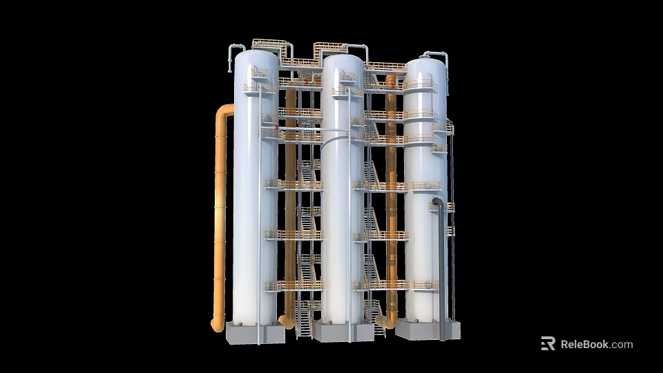 Industrial Equipment With Large White Cylindrical Towers Metal Framework Staircases And Pipes 3d model 
