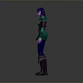 Elf Woman with Purple Hair Pointed Ears Wearing Green Armor and Blue Pants