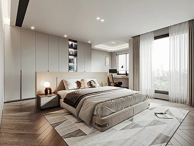 Modern Bedroom Interior Design With Large Bed Nightstand Lamp Geometric Rug And Curtain Windows 3d model