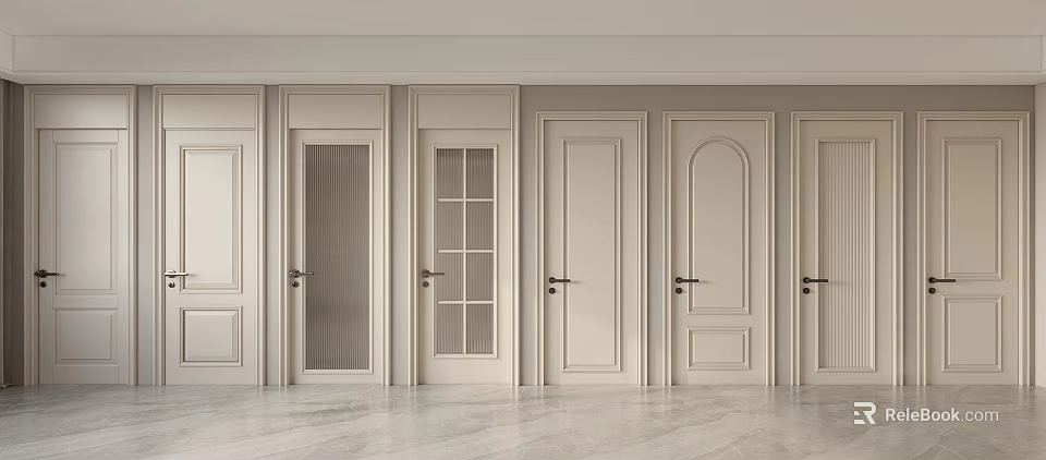 Modern Interior Hinged Doors In Light Beige With Glass And Paneled Details 3d model 
