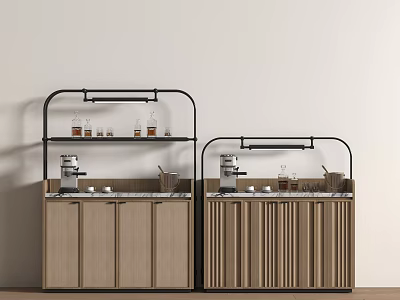 Wooden Kitchen Storage Cabinets With Black Metal Shelves Coffee Machine Bottles And Cups 3d model