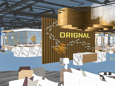 Modern Luxury Restaurant Interior With Wooden Decorative Wall ORIGINAL Sign Marble Counter Bar And Plants 3d model