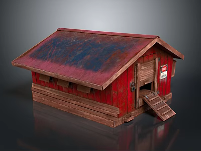 Rustic Small Wooden Building With Red Walls Brown Rusted Roof And Steps 3d model