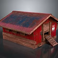Rustic Small Wooden Building With Red Walls Brown Rusted Roof And Steps