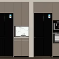 Modern Kitchen Featuring Black And Beige Cabinets Double Door Refrigerators Built In Coffee Maker Oven