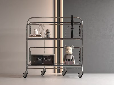 Modern Interior Metal Rolling Shelving Unit With Multi Tier Storage And Decorative Items 3d model